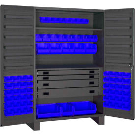 Heavy Duty Work Bin Cabinet - Flush Doors - 4 Drawers 72 Blue Bins 48 x 24 x 78