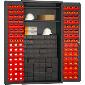 Small Parts Storage Cabinet - 60 Drawers, 96 Red Bins, 2 Shelves