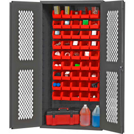 Expanded Metal Door Bin Cabinet - 45 Red Bins 36"W x 18"D x 72"H