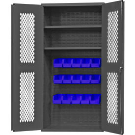 Expanded Metal Door Bin Cabinet - 15 Blue Bins 36"W x 18"D x 72"H