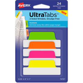 Ultra Tabs Repositionable Tabs, 2-1/2" x 1", Neon: Green, Orange, Pink, Yellow, 24/Pack