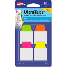 Ultra Tabs Repositionable Tabs, 1" x 1-1/2", Neon: Green, Orange, Pink, Yellow, 80/Pack