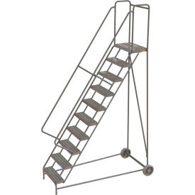 10 Step Aluminum Wheel-Barrow Style Rolling Ladder 24"W Plat. Ribbed Tread
