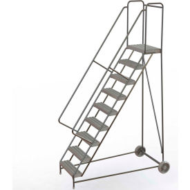 9 Step Aluminum Wheel-Barrow Style Rolling Ladder 24"W Plat. Grip Strut Tread - 109245