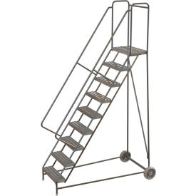 9 Step Aluminum Wheel-Barrow Style Rolling Ladder 24"W Plat. Ribbed Tread
