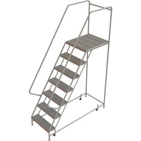 7 Step Aluminum Rolling Ladder, 24"W Ribbed Tread, 28"D Top Step
