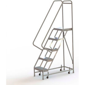 5 Step Aluminum Rolling Ladder, 16"W Ribbed Tread, 14"D Top Step
