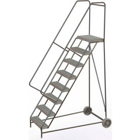 8 Step Aluminum Wheel-Barrow Style Rolling Ladder 24"W Plat. Grip Strut Tread