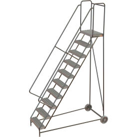10 Step Aluminum Wheel-Barrow Style Rolling Ladder 24"W Platform Grip Strut Tread