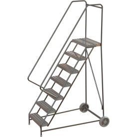 7 Step Aluminum Wheel-Barrow Style Rolling Ladder 24"W Plat. Ribbed Tread
