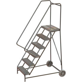 6 Step Aluminum Wheel-Barrow Style Rolling Ladder 24"W Plat. Ribbed Tread