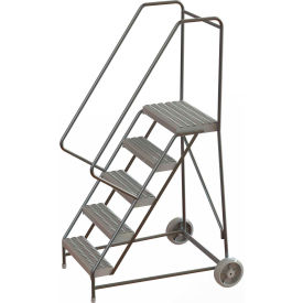 5 Step Aluminum Wheel-Barrow Style Rolling Ladder with 24" Wide Platform and Grip Strut Tread.
