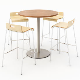 36" Round Dining Table & 4 Barstool Set, River Cherry Table With Natural Stools