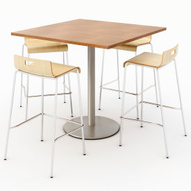 42" Dining Table & 4 Barstool Set, Cherry Table with Natural Stools