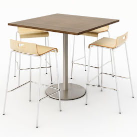 42" Dining Table & 4 Barstool Set, Teak Table With Natural Stools