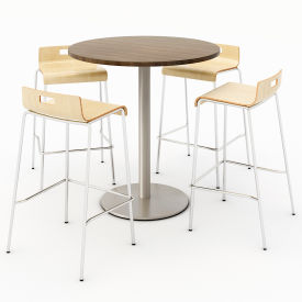 36" Round Dining Table & 4 Barstool Set, Teak Table With Natural Stools