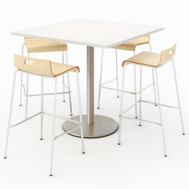 42" Dining Table & 4 Barstool Set, Designer White Table With Natural Stools