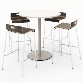 36" Round Dining Table & 4 Barstool Set, Designer White Table With Espresso Stools