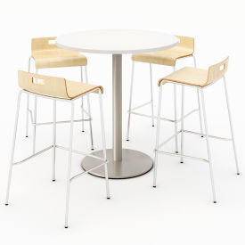 36" Round Dining Table & 4 Barstool Set, Designer White Table With Natural Stools