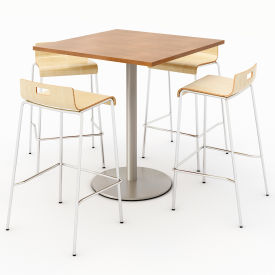 36" Dining Table & 4 Barstool Set, Cherry Table With Natural Stools