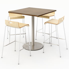 36" Dining Table & 4 Barstool Set, Teak Table With Natural Stools