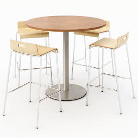 42" Round Dining Table & 4 Barstool Set, River Cherry Table With Natural Stools