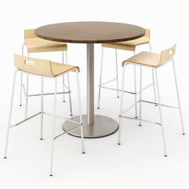 42" Round Dining Table & 4 Barstool Set, Studio Teak Table With Natural Stools