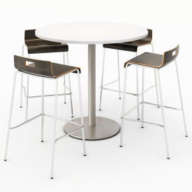 42" Round Dining Table & 4 Barstool Set, Designer White Table With Espresso Stools