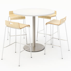 42" Round Dining Table & 4 Barstool Set, Designer White Table With Natural Stools