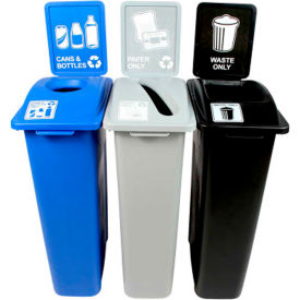 Waste Watcher Triple- Cans & Bottles/Paper/Waste, 69 Gal. Blue/Gray/Black