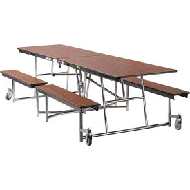 Mobile Cafeteria Table With Fixed Benches, 121"L x 56"W, Walnut Top/Chrome Frame