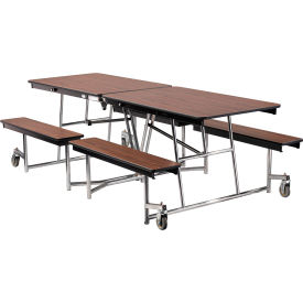 Mobile Cafeteria Table With Fixed Benches, 97"L x 56"W, Walnut Top/Chrome Frame
