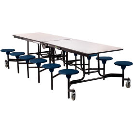 Mobile Cafeteria Table With Stools, 121"L x 59"W, Gray Top/Blue Stools/Black Frame
