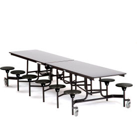 Mobile Cafeteria Table With Stools, 121"L x 59"W, Gray Top/Black Stools/Black Frame