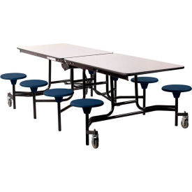 Mobile Cafeteria Table With Stools, 97"L x 59"W, Gray Top/Blue Stools/Black Frame