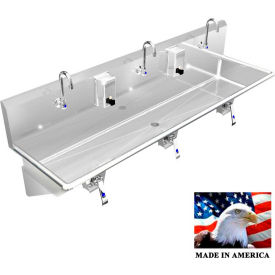 Stainless Steel Sink, 3 User w/Knee Valve Operated Faucets, Wall Brackets 60"L X 20"W X 8"D