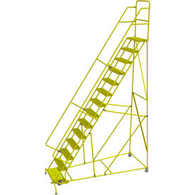 Serrated 24"W 14 Step Steel Rolling Ladder, 10"D Top Step