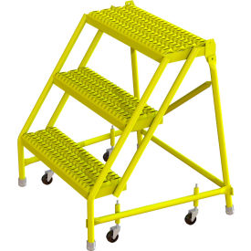 Serrated 24"W 3 Step Steel Rolling Ladder, 10"D Top Step
