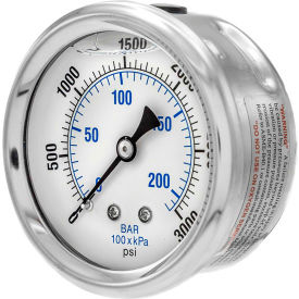 2 1/2" Pressure Gauge, Liquid Filled, 3000 PSI, SS Case, Center Back Mount