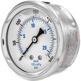2 1/2" Pressure Gauge, Liquid Filled, 300 PSI, SS Case, Center Back Mount