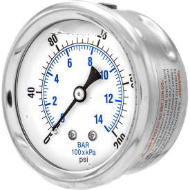 2 1/2" Pressure Gauge, Liquid Filled, 200 PSI, SS Case, Center Back Mount