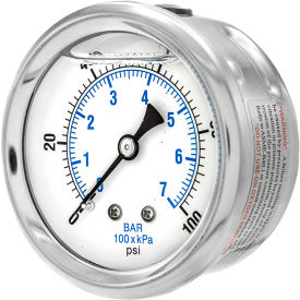 2 1/2" Pressure Gauge, Liquid Filled, 100 PSI, SS Case, Center Back Mount