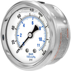 2 1/2" Pressure Gauge, Liquid Filled, 160 PSI, SS Case, Center Back Mount