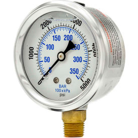 2-1/2" Vacuum Gauge, Liquid Filled, 5000 PSI, Stainless Case, Lower Mount