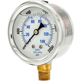 2-1/2" Vacuum Gauge, Liquid Filled, 2000 PSI, Stainless Case, Lower Mount