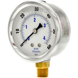 2-1/2" Pressure Gauge, Liquid Filled, 60 PSI, Stainless Case, Lower Mount