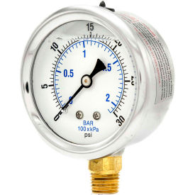 2-1/2" Vacuum Gauge, Liquid Filled, 30 PSI, Stainless Case, Lower Mount