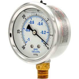 2-1/2" Vacuum Gauge, Liquid Filled, 15 PSI, Stainless Case, Lower Mount