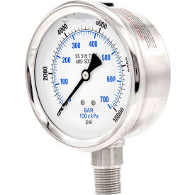 4" Pressure Gauge, Liquid Fill, 10000 PSI, All Stainless Steel, Lower Mount