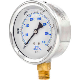 4" Pressure Gauge, Liquid Filled, 10,000 PSI, Stainless Case, Lower Mount